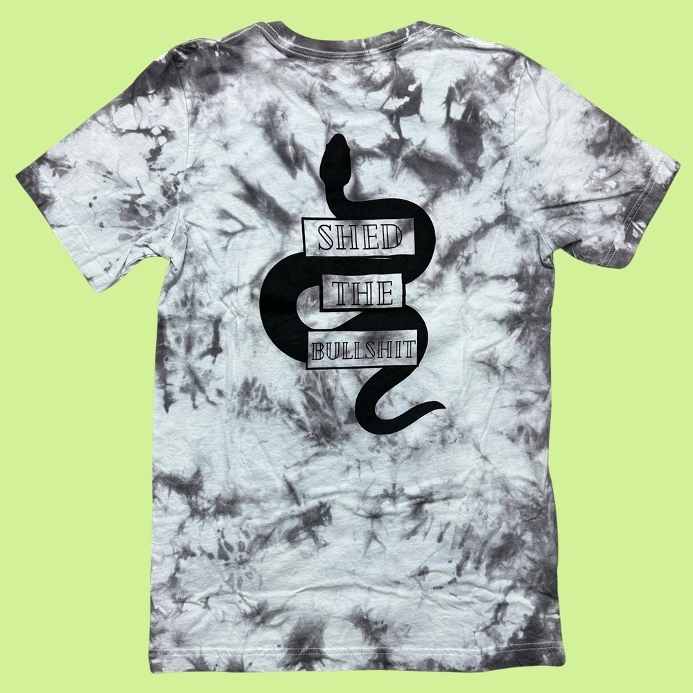 Inner Thoughts Grey and White‎ Tie Dye Shed The BS Tee Shirt with Snake Design
